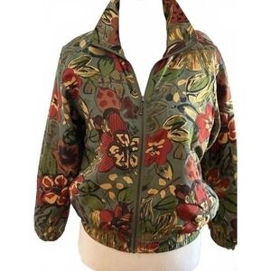 Vintage AC-TIV-OLOGY 100% Silk Bomber Jacket Floral Print Green Petite 90s Zip‎